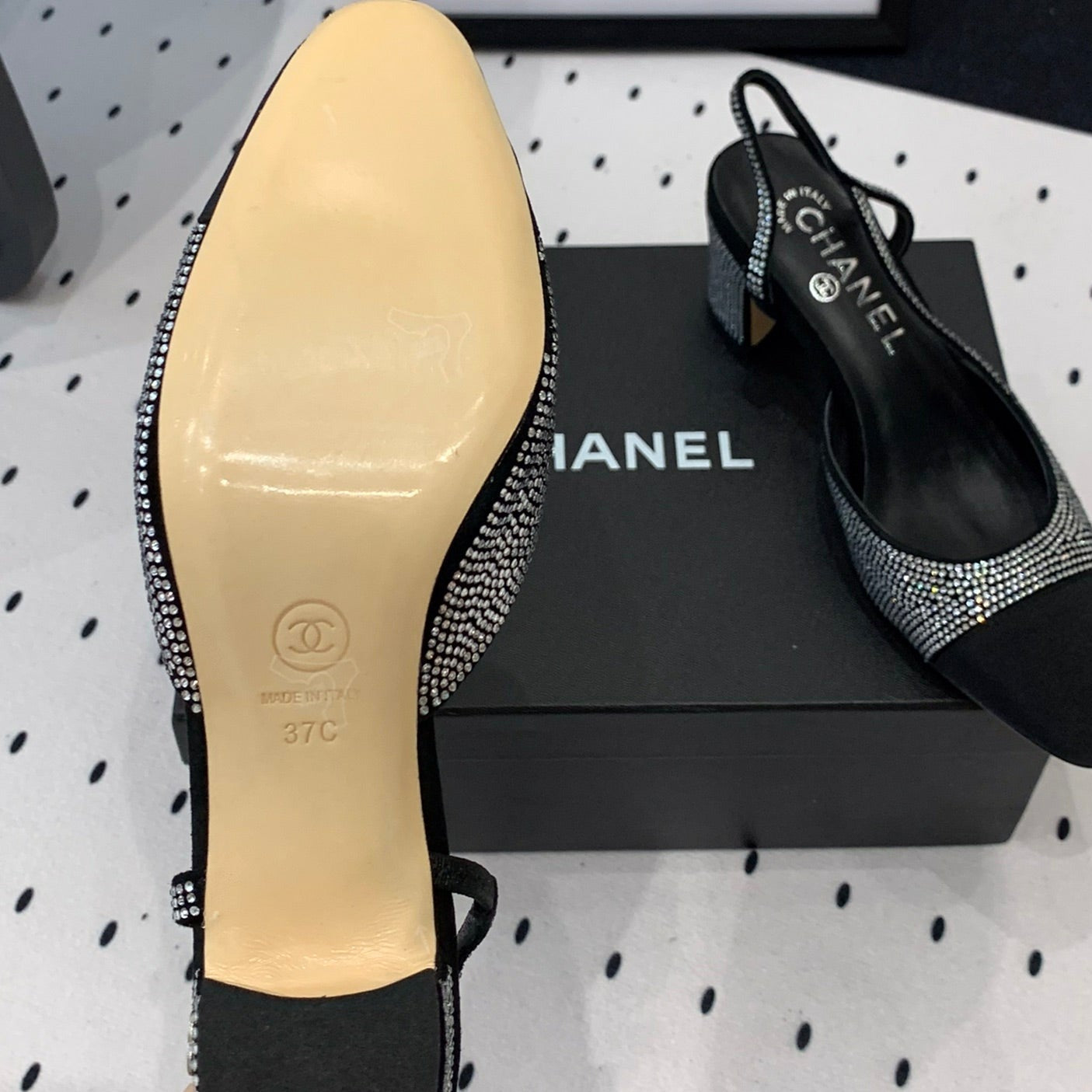 CHANEL Double Rhinestone Slingback Sheepskin Silver Black