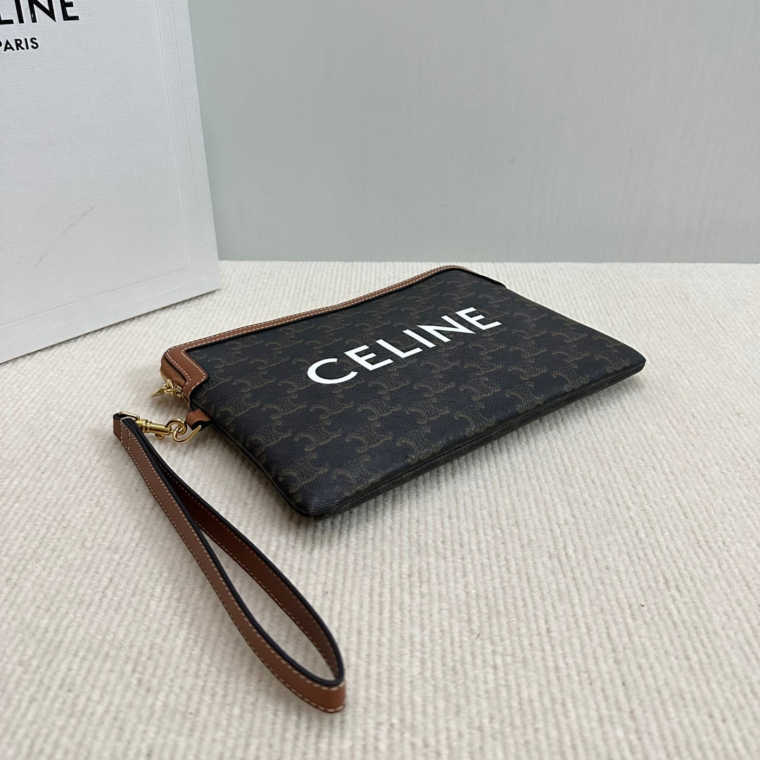 CELINE SMALL POUCH 25 IN BLACK TRIOMPHE CANVAS AND BROWN CALFSKIN WITH PRINT