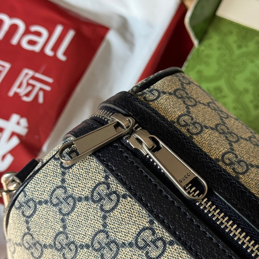 GUCCI OPHIDIA LARGE BOSTON BAG 31 IN BEIGE AND BLUE CALFSKIN