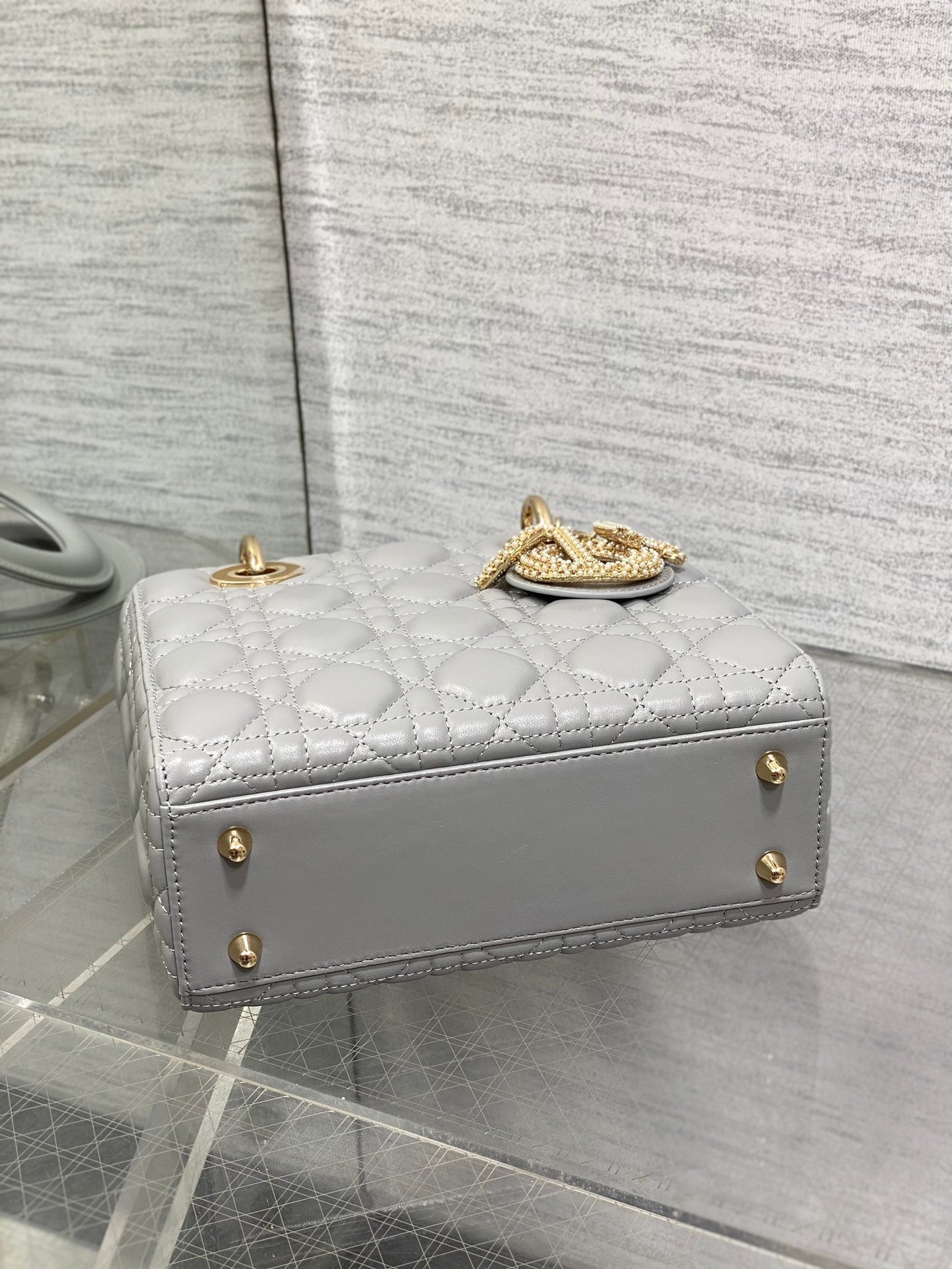 DIOR 25S LADY BAG 20 IN DARK GRAY CALFSKIN CHARM PEARL EMBELLISHMENTS