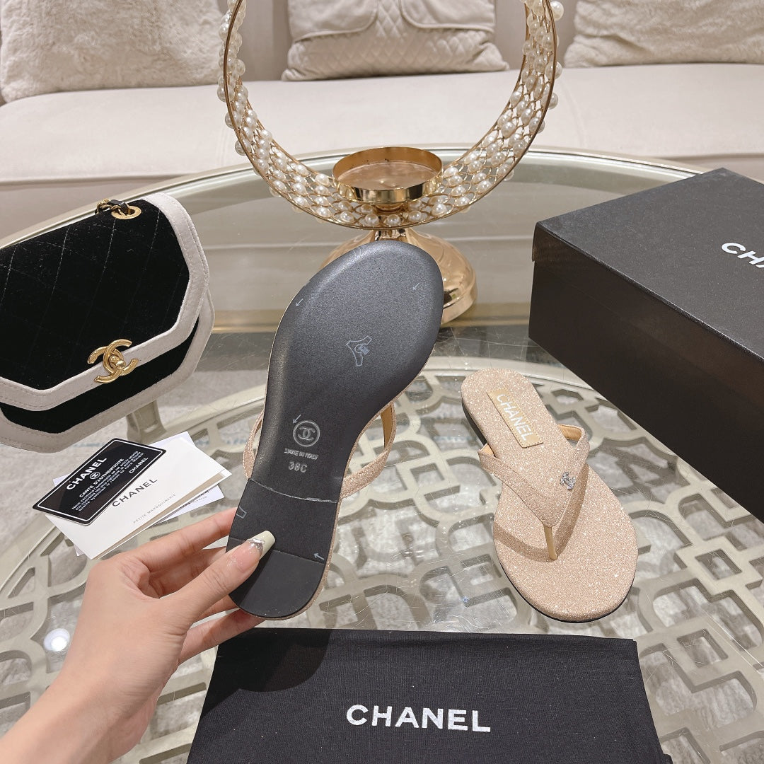 CHANEL Double Rhinestone Flip Flop Thongs Beige Cream Sheepskin