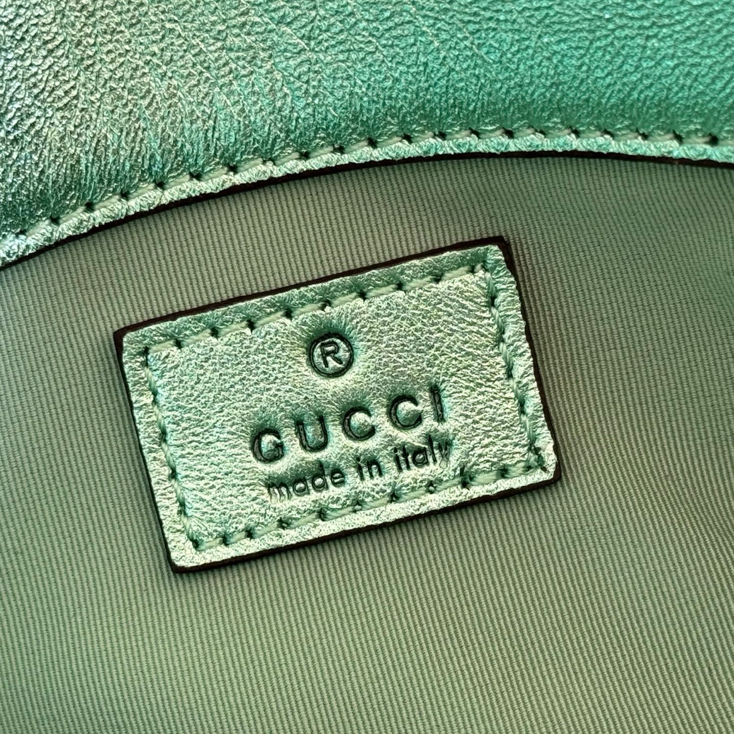 GUCCI 26S MARMONT BAG 16 IN METALLIC PALE GREEN LAMBSKIN