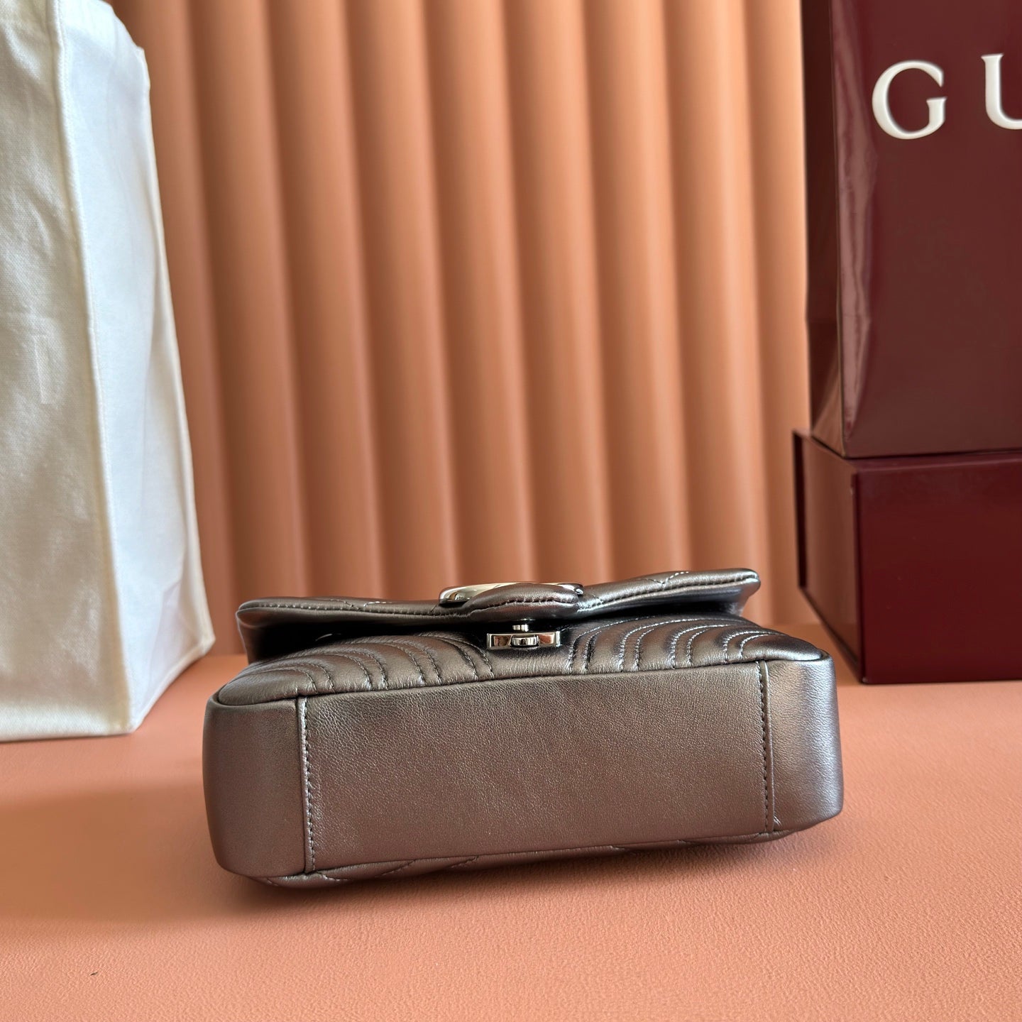GUCCI 26S MARMONT BAG 22 IN WARM GRAY BROWN LAMBSKIN