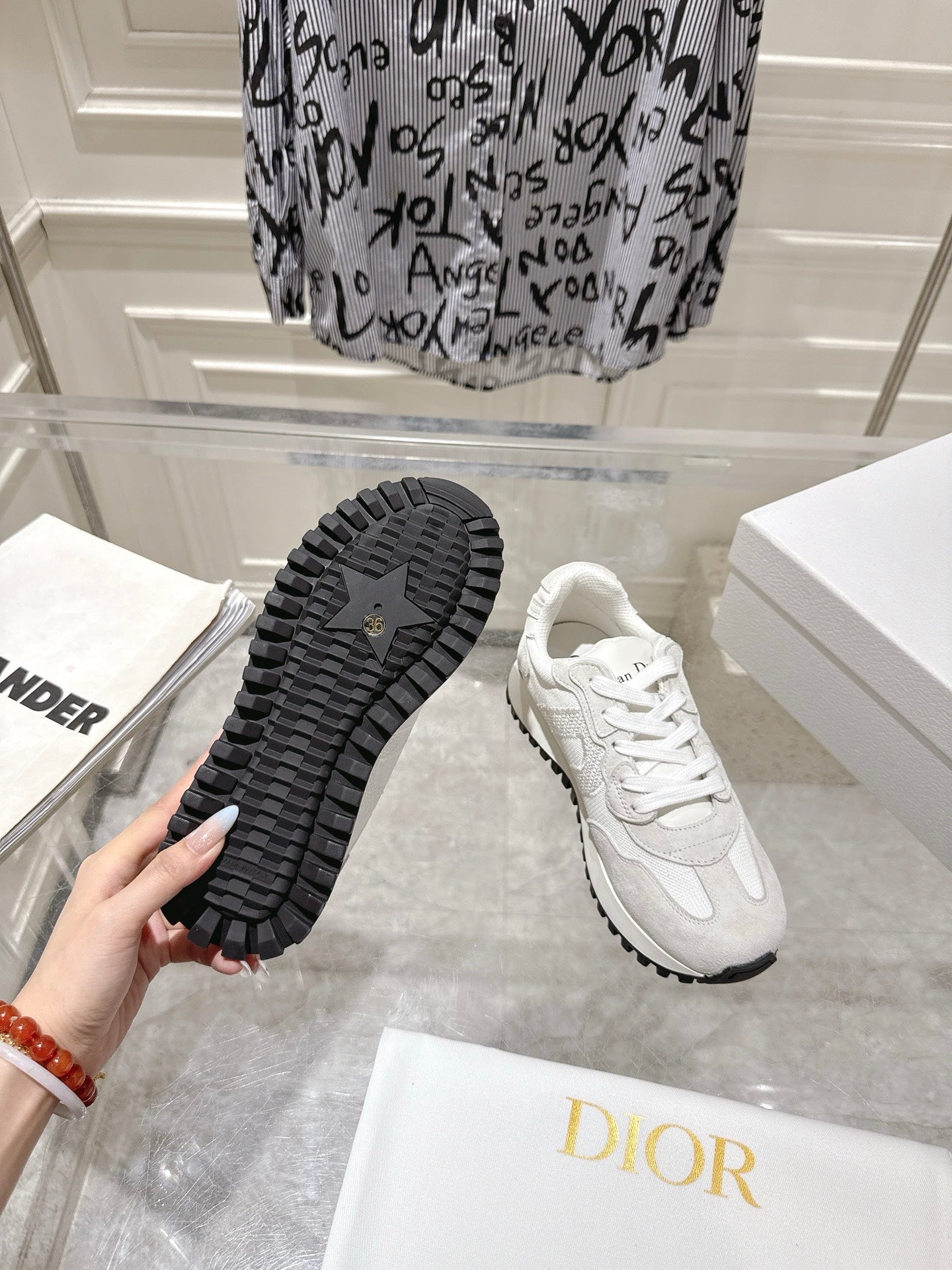 DIOR 25S C'EST SNEAKER IN WHITE LIGHT GRAY CALFSKIN AND SUEDE