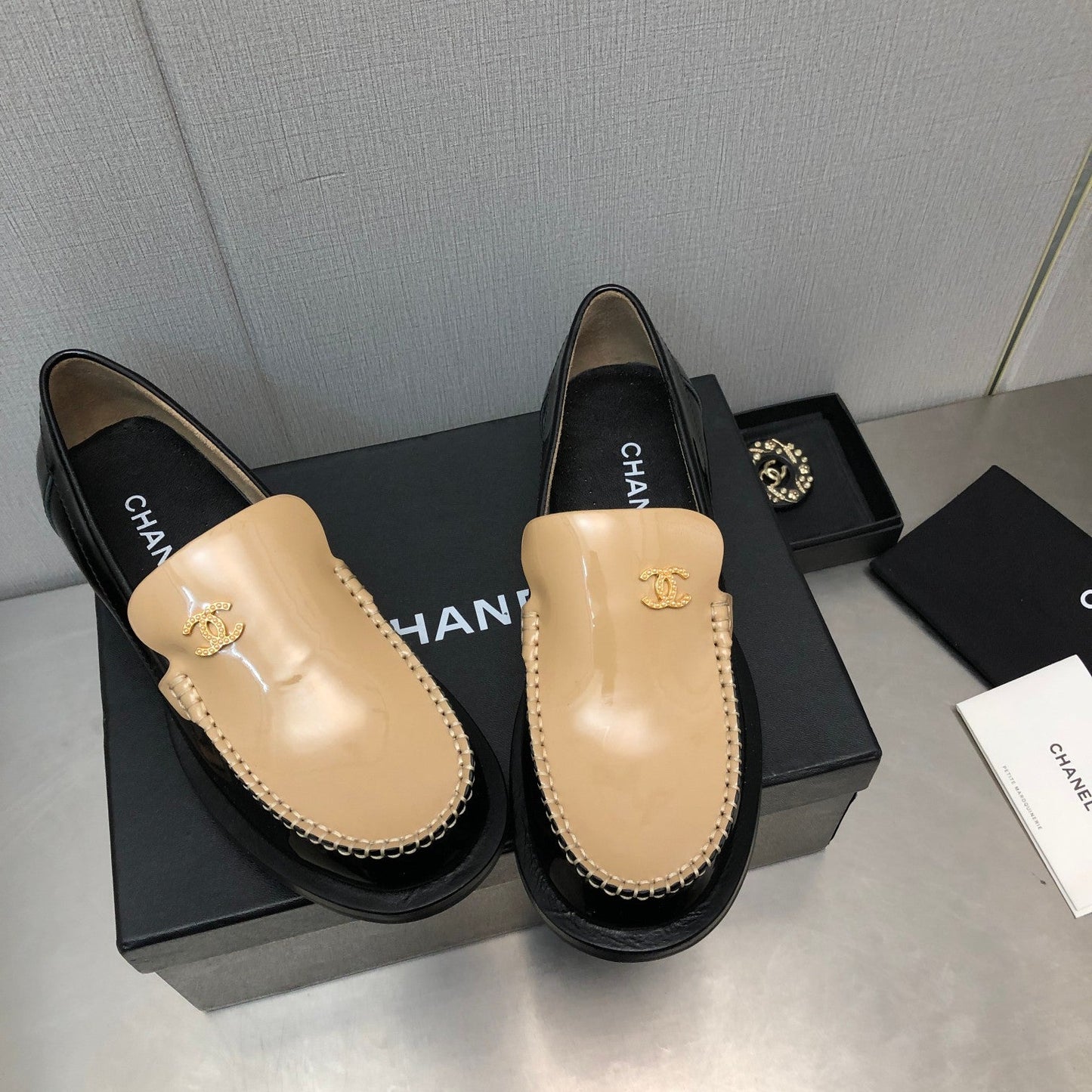 CHANEL Double C Beige Cream Loafers Sheepskin