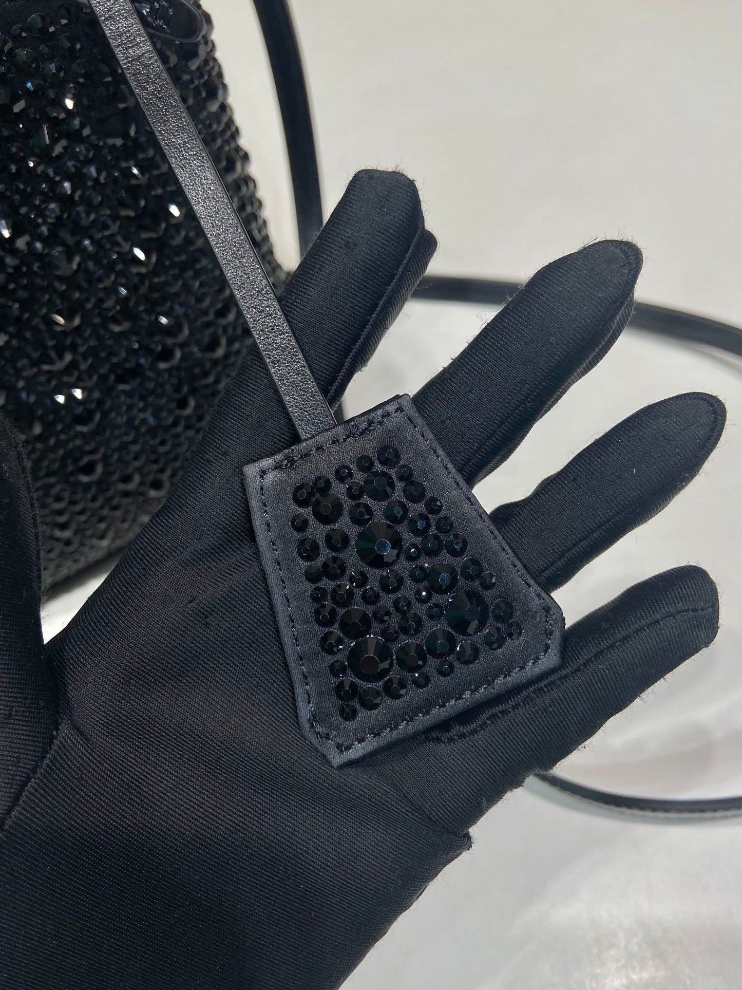 PRADA PANIER BUCKET BAG 16 IN BLACK CALFSKIN ATTACHED FULL CRYSTALS