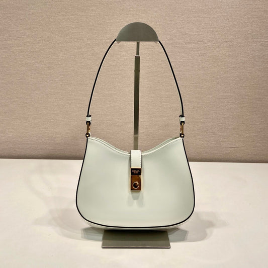PRADA CLEO SHOULDER BAG 22 IN WHITE BRUSHED LAMBSKIN WITH CLASP CLOSURE
