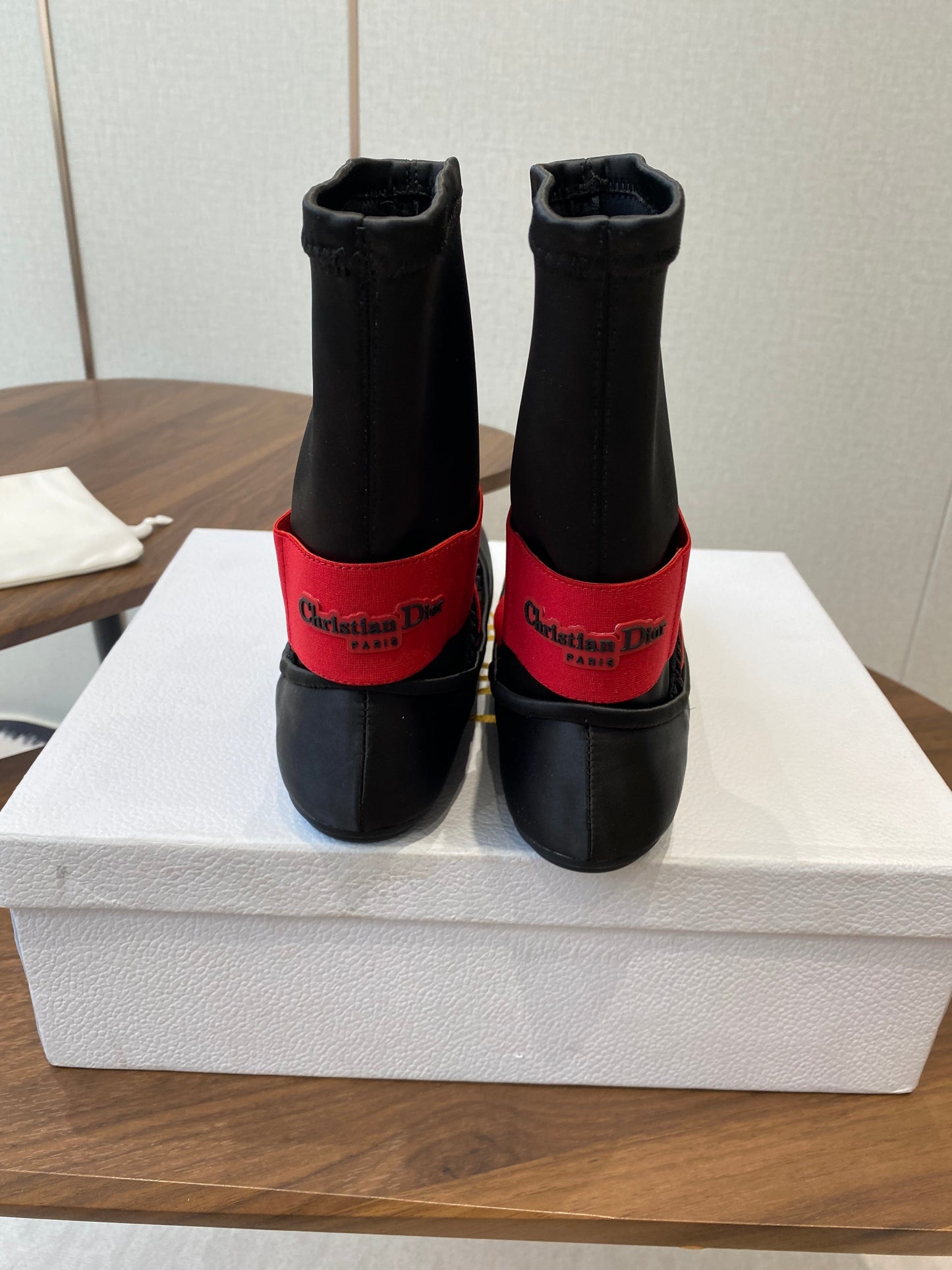 DIOR 25S STRETCH BALLET BOOTS IN BLACK AND RED SATIN