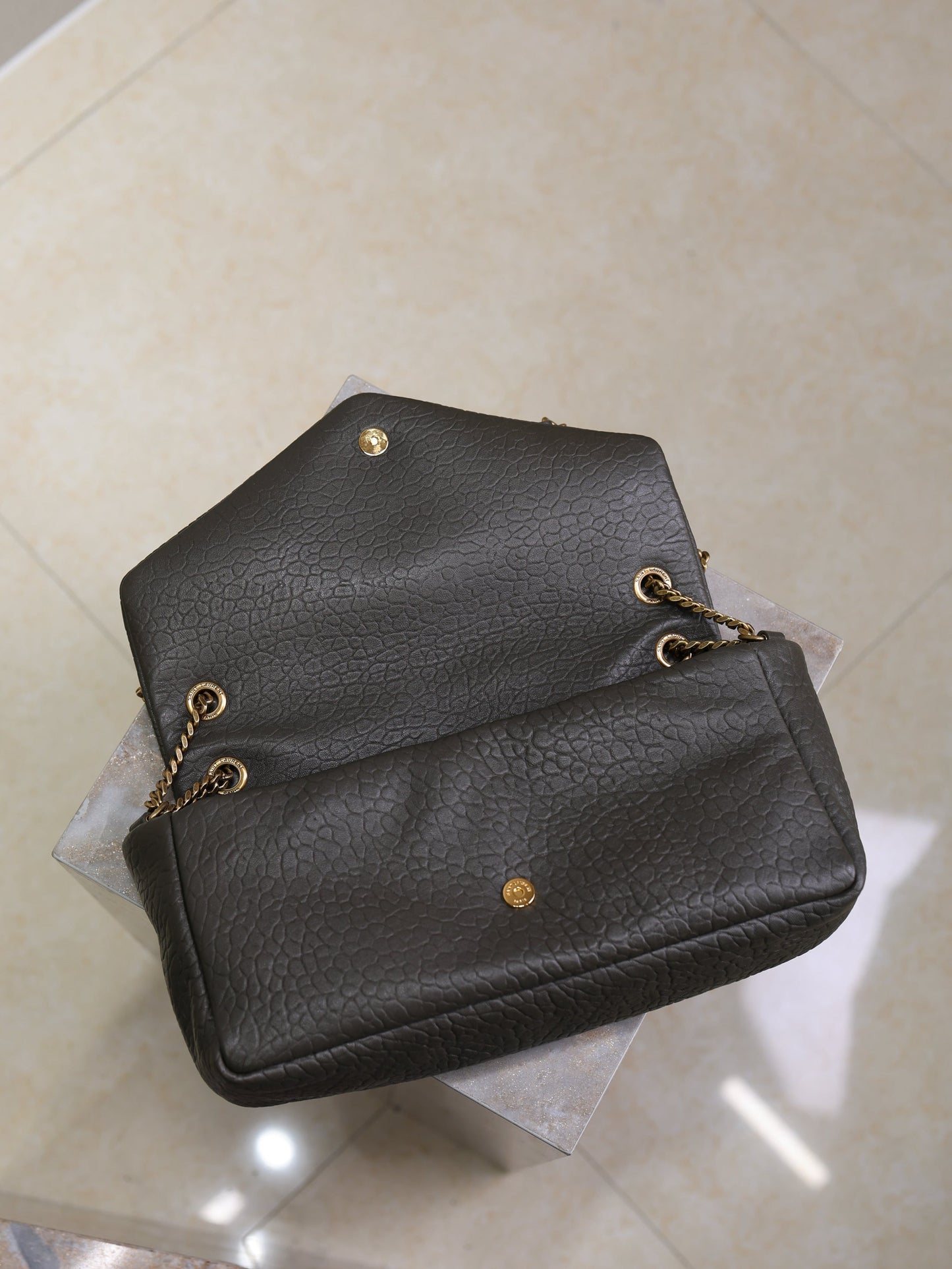 YSL 25S CALYPSO 30 IN DARK OLIVE GRAINED CALFSKIN GOLD HARDWARE