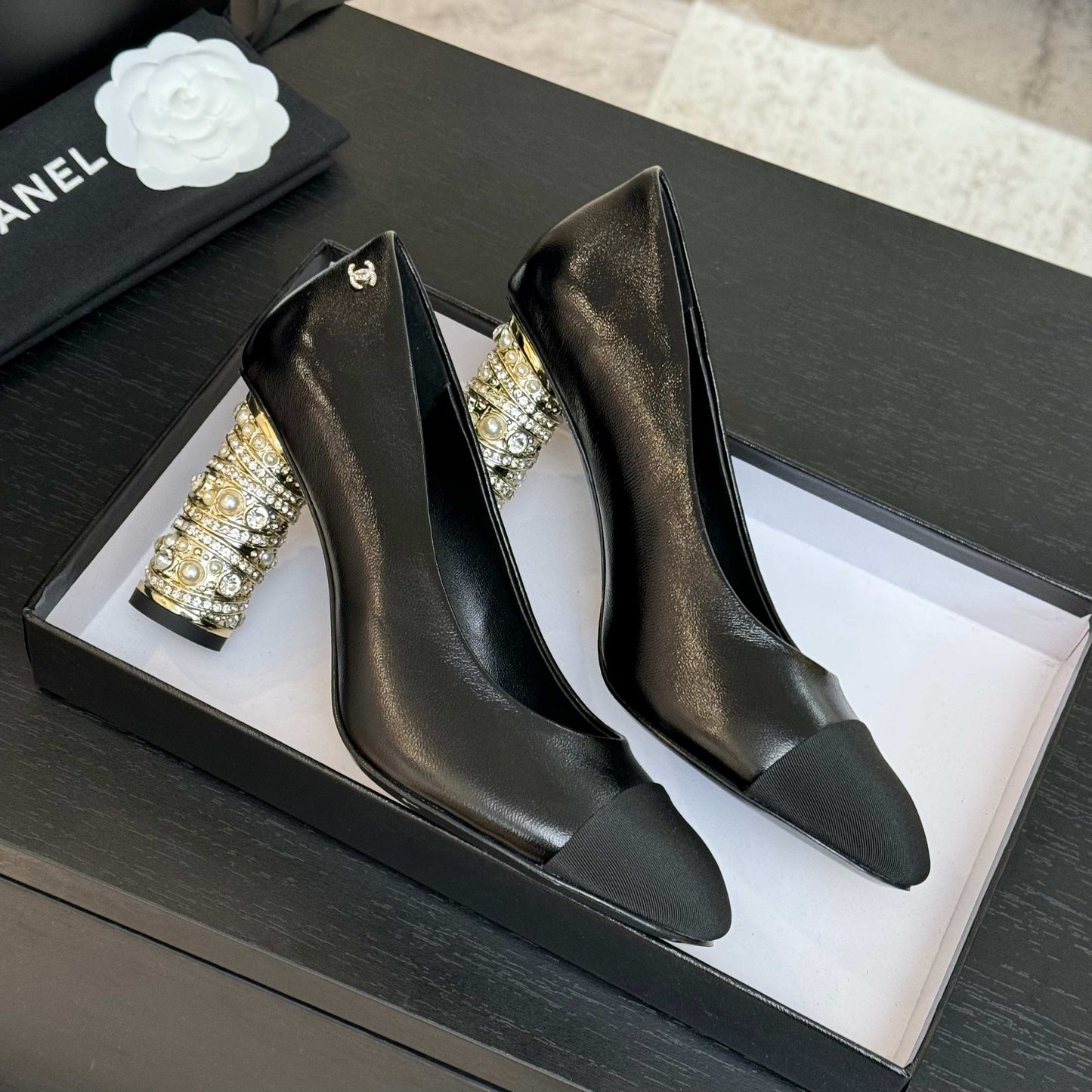 CHANEL HIGH HEEL 85 MM SANDALS IN BLACK CALFSKIN AND FABRIC