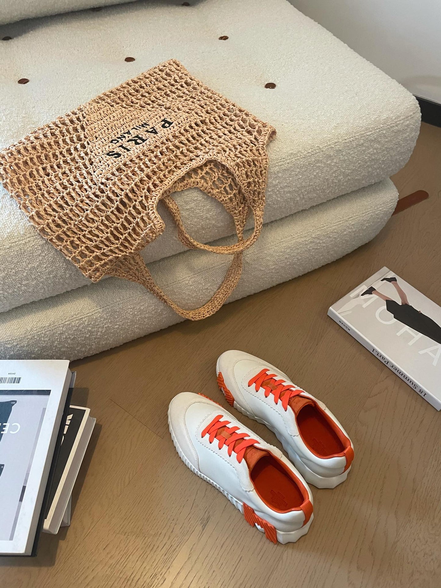 HERMES BOUNCING SNEAKERS WHITE CALFSKIN WITH ORANGE LACES
