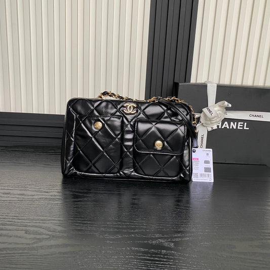 CHANEL BOWLING BAG 29 IN BLACK SHINY CALFSKIN GOLD HARDWARE