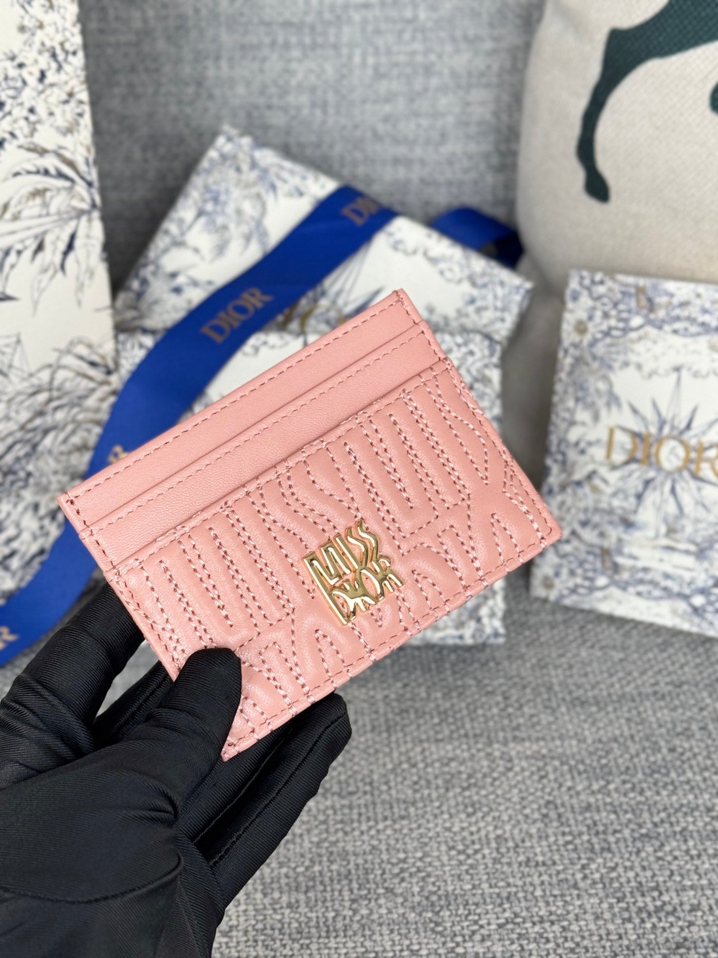 DIOR FREESIA CARD HOLDER 10 IN BABY PINK QUILTED ALLOVER CALFSKIN